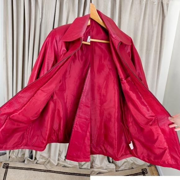 Vintage Venezia Red Genuine Leather Jacket Trench - Picture 6 of 8